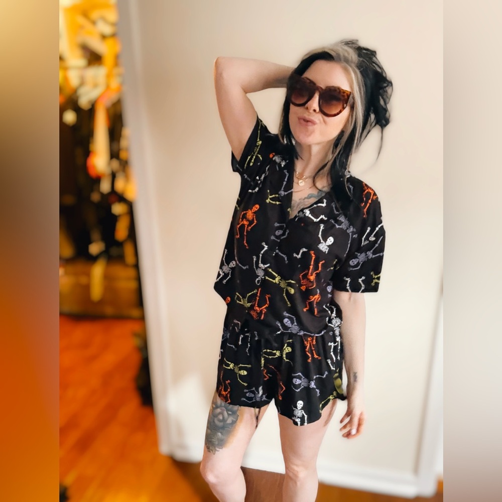 Black Short Pajama Set with Neon Skeleton Print